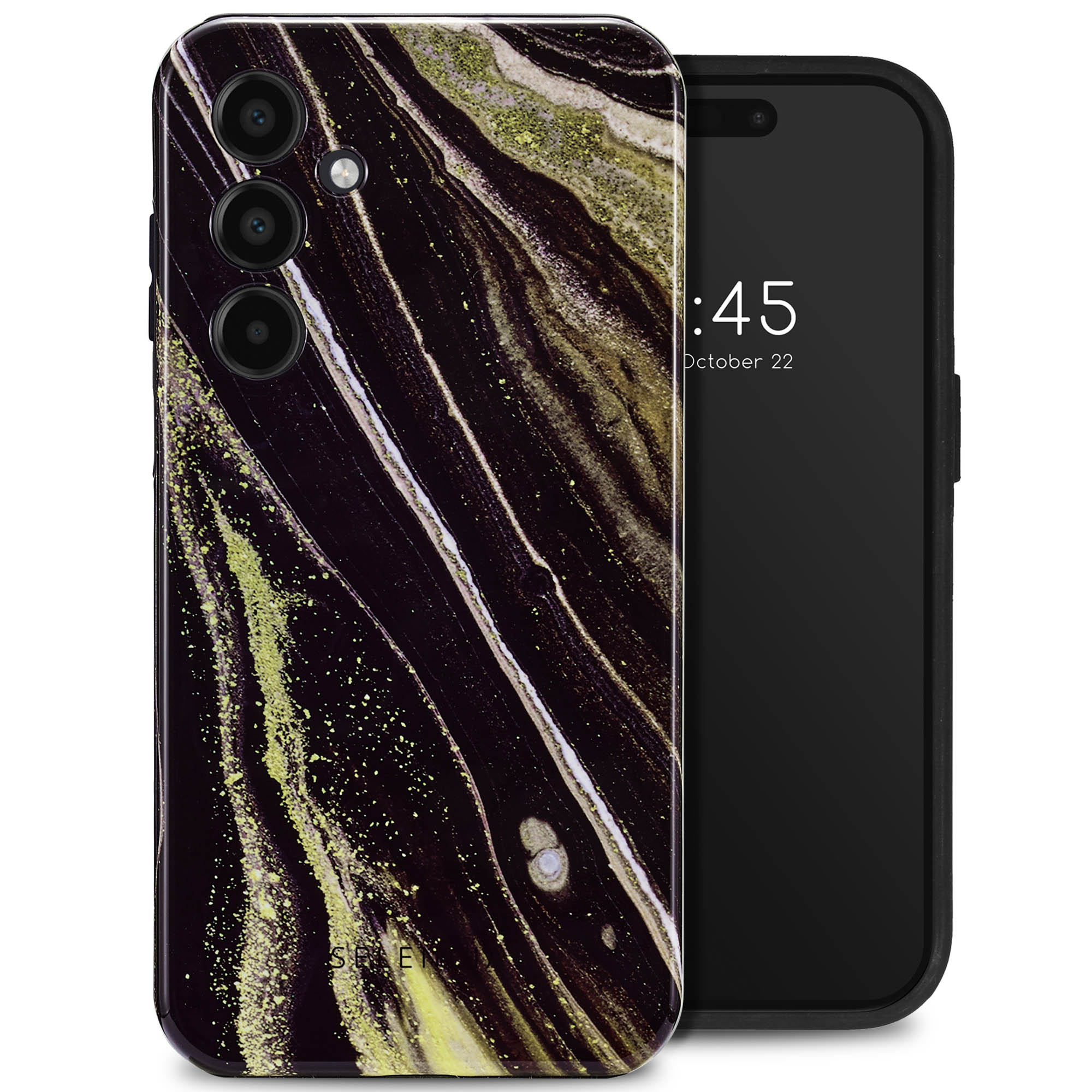 Téléphone noir avec un étui au design marbré. L'écran affiche l'heure. L'étui comporte trois découpes pour l'appareil photo.