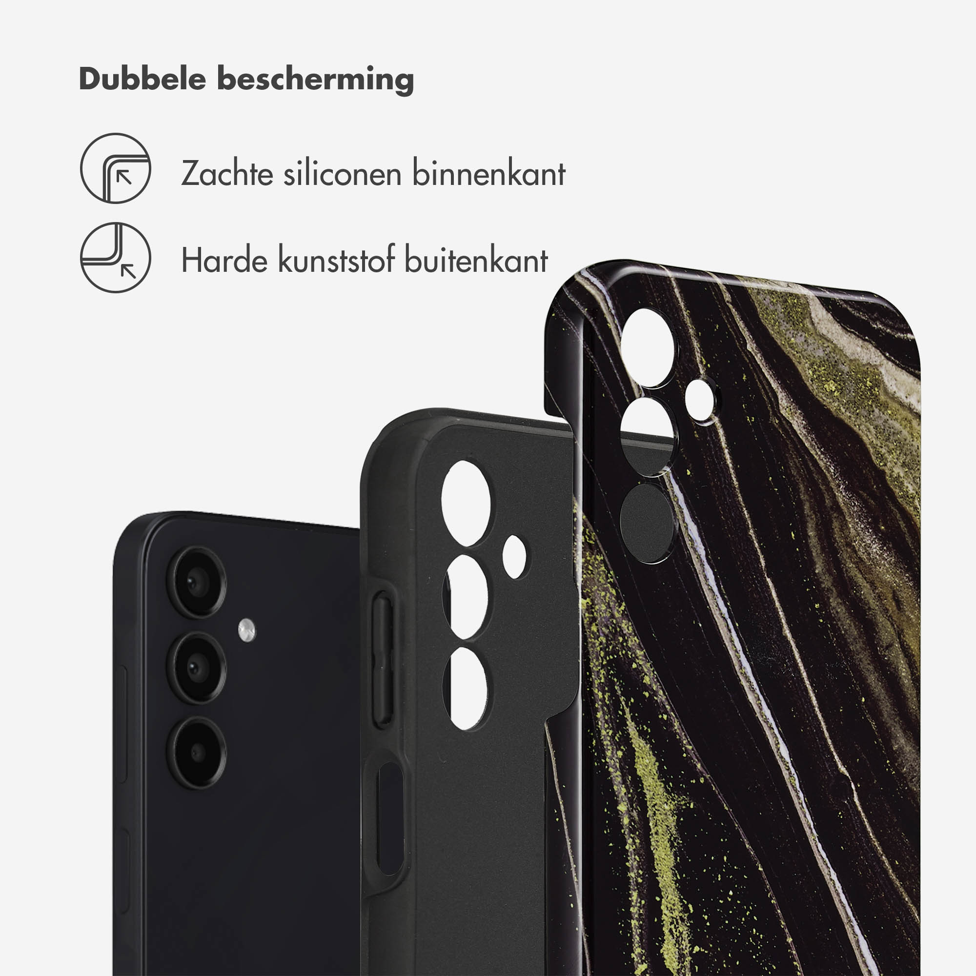 Coque de téléphone noire avec téléphone noir et design doré et noir.