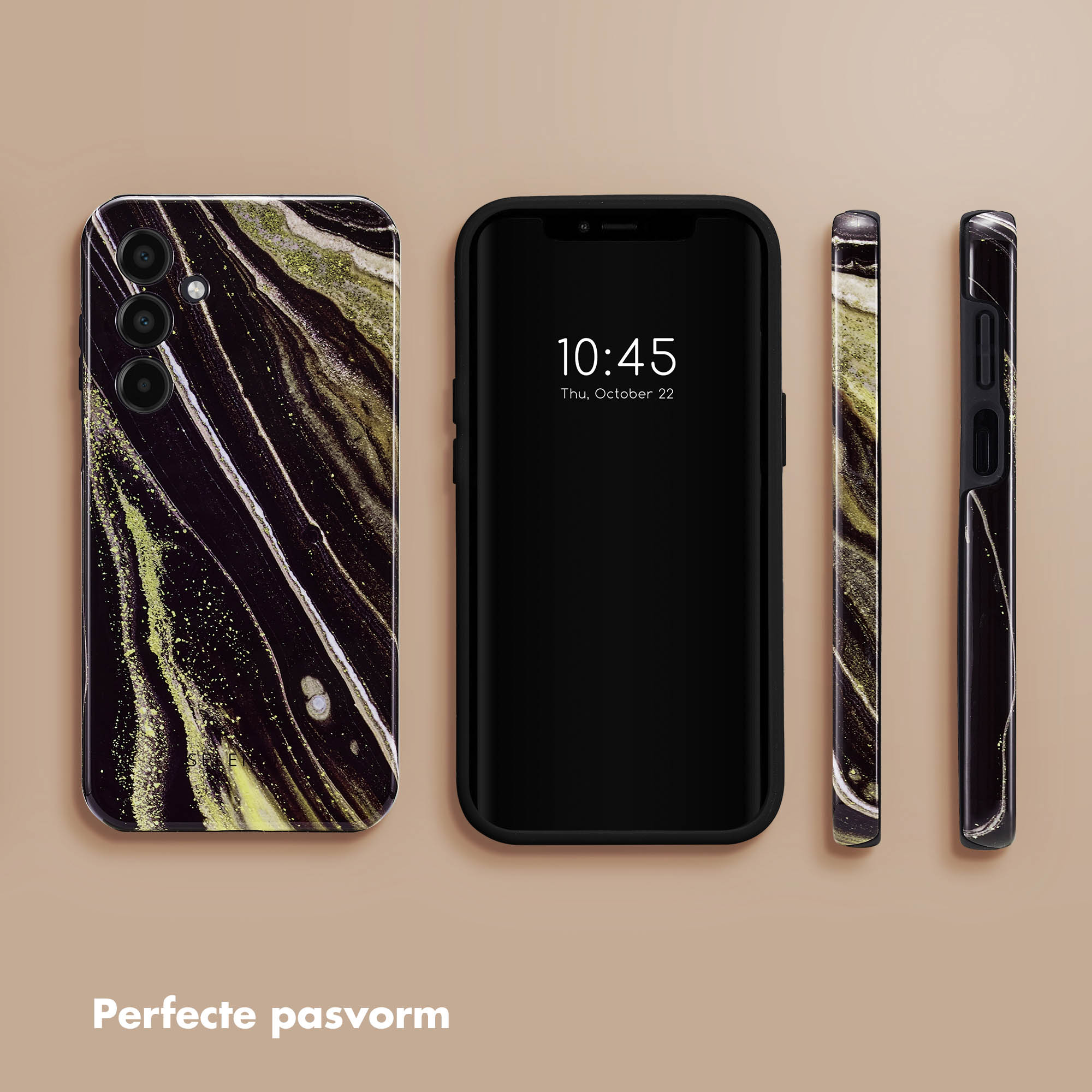 Téléphone et étuis avec un motif marbré. Téléphone noir avec un étui noir et deux côtés.