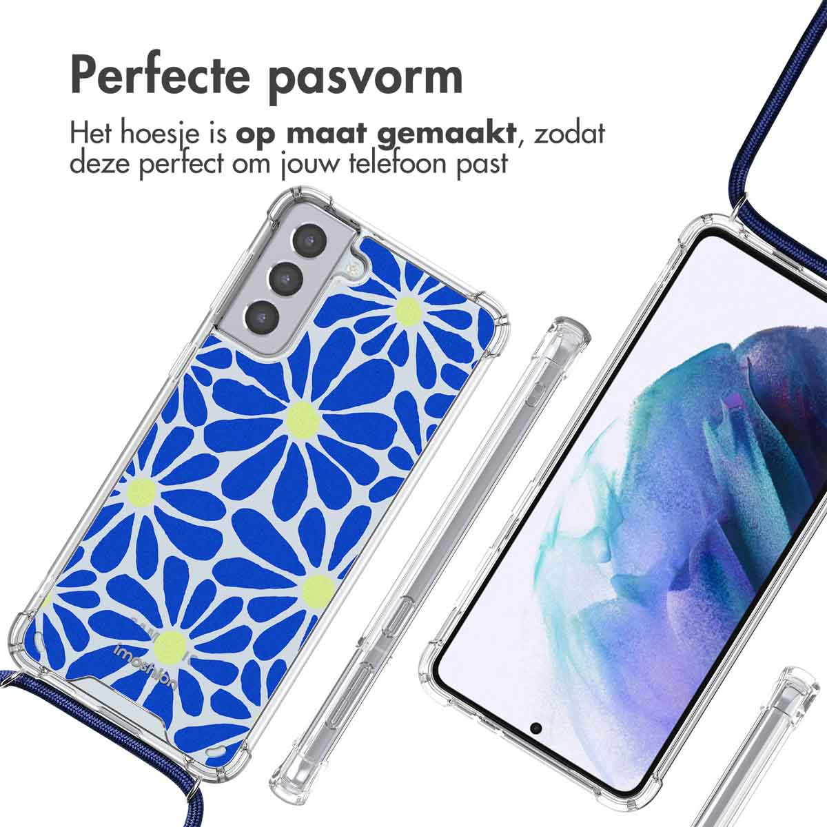 Téléphone avec un étui transparent et un motif de fleurs bleues. Une lanière est attachée à l'étui.