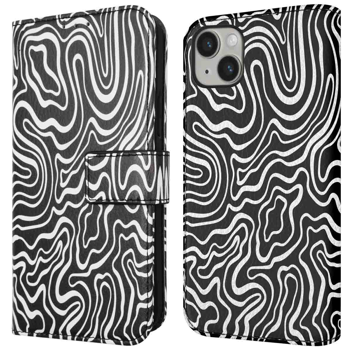 Zwart-wit golfpatroon telefoonhoesje, open en dicht, met een magnetische sluiting.