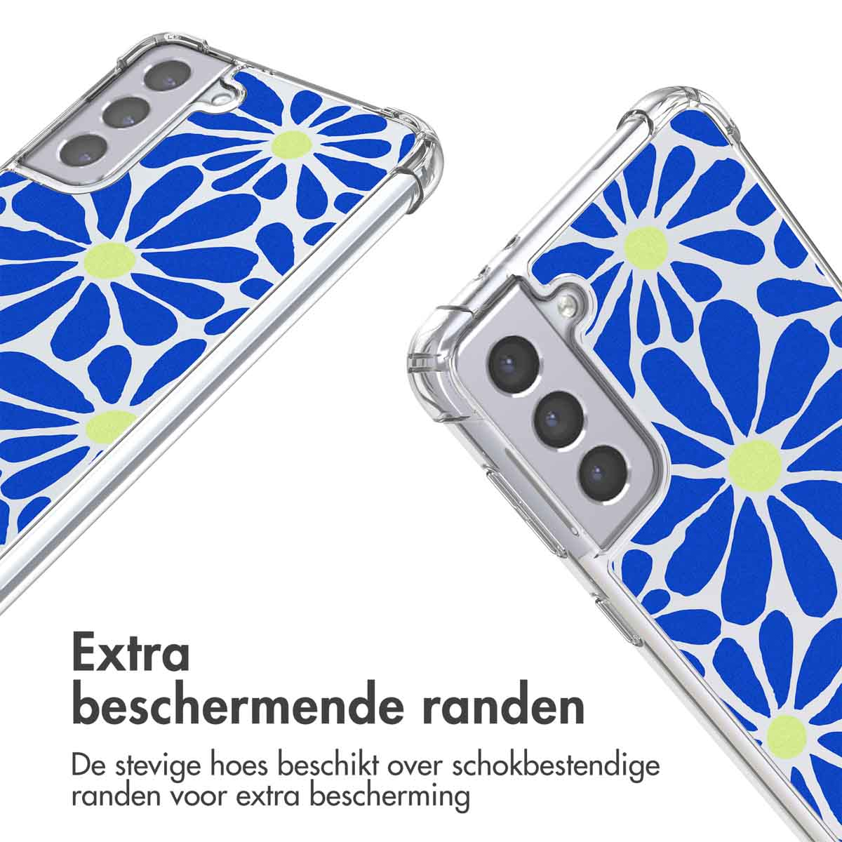 Deux coques de téléphone, une à motif floral bleu, une avec téléphone à l'intérieur. Bord clair.