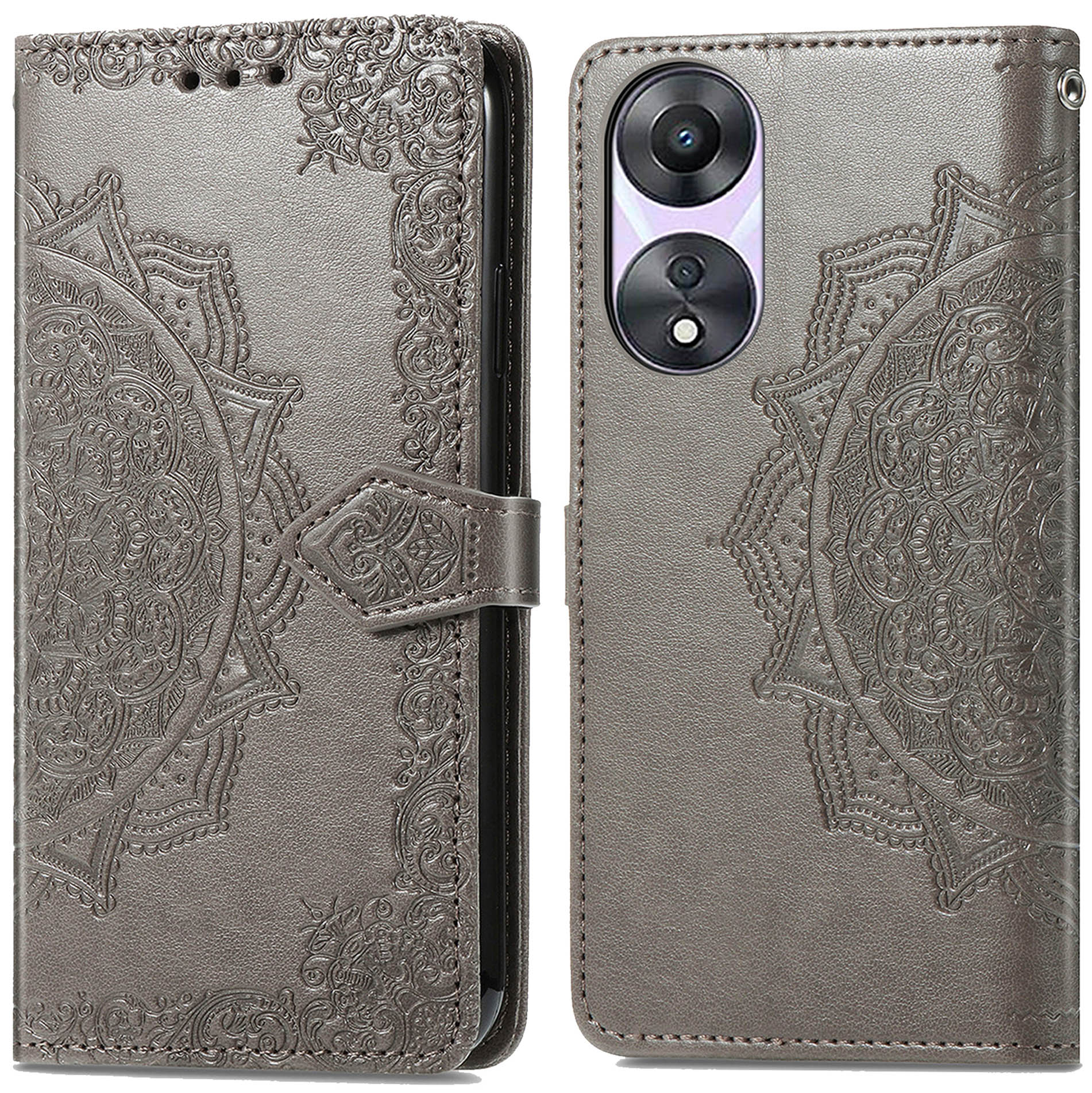 Een telefoonhoesje met een decoratief patroon en een telefoon erin.