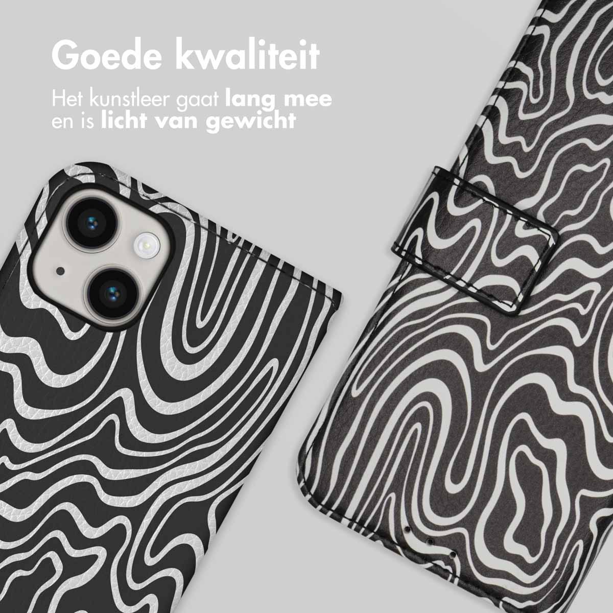Zwart-wit telefoonhoesje met wervelpatroon en portemonnee. Tekst: Goede kwaliteit, licht van gewicht.