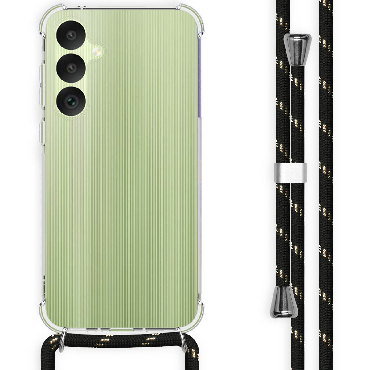 Telefono verde con custodia trasparente e cordino. La custodia ha linee verticali. Il cordino è bianco e nero.