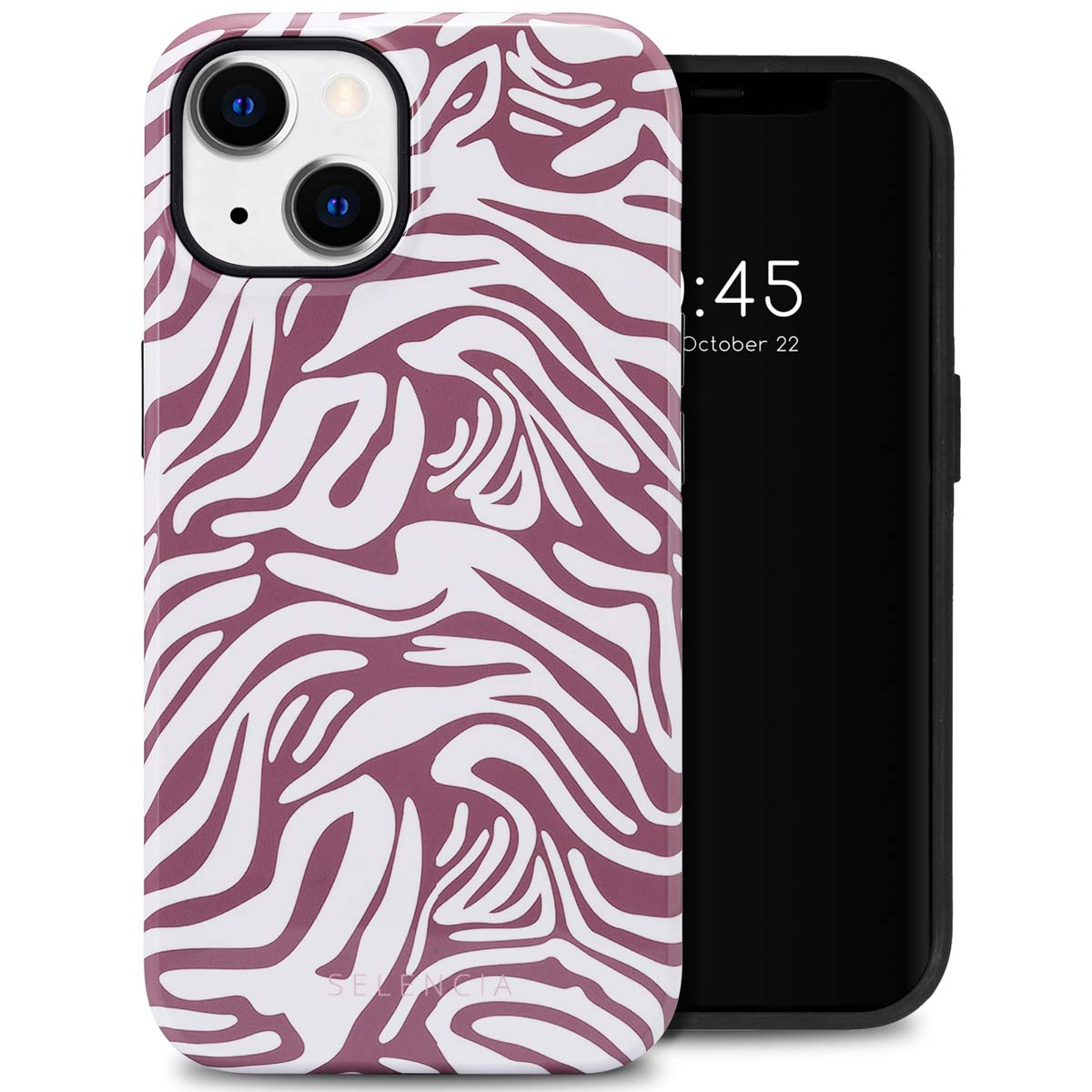 Coque de téléphone à imprimé zèbre blanc et violet avec un téléphone noir à l'intérieur. La marque Selencia est visible.