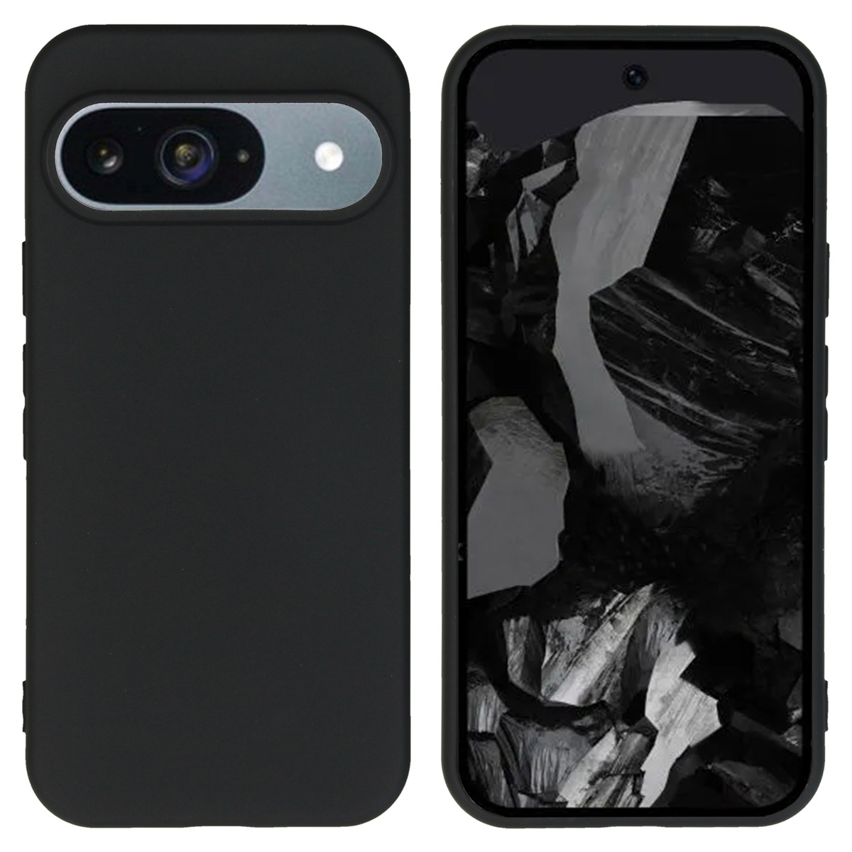 Téléphone et étui noirs. L'étui est à gauche et le téléphone à droite.