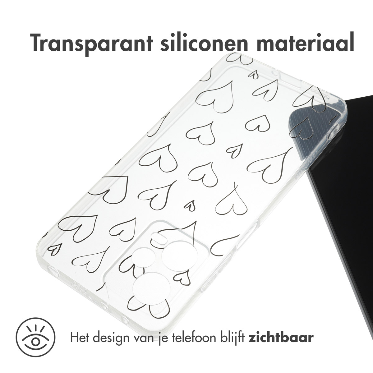 Transparante telefoonhoes met zwarte hartcontouren. Tekst: Transparant siliconen materiaal. Design zichtbaar.