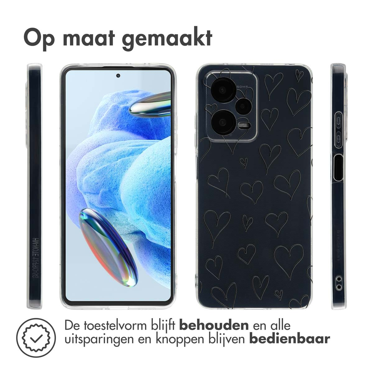 Telefoonhoesje met harten design. Drie aanzichten van telefoon met hoesje. Tekst: Op maat gemaakt. Behoudt de vorm.