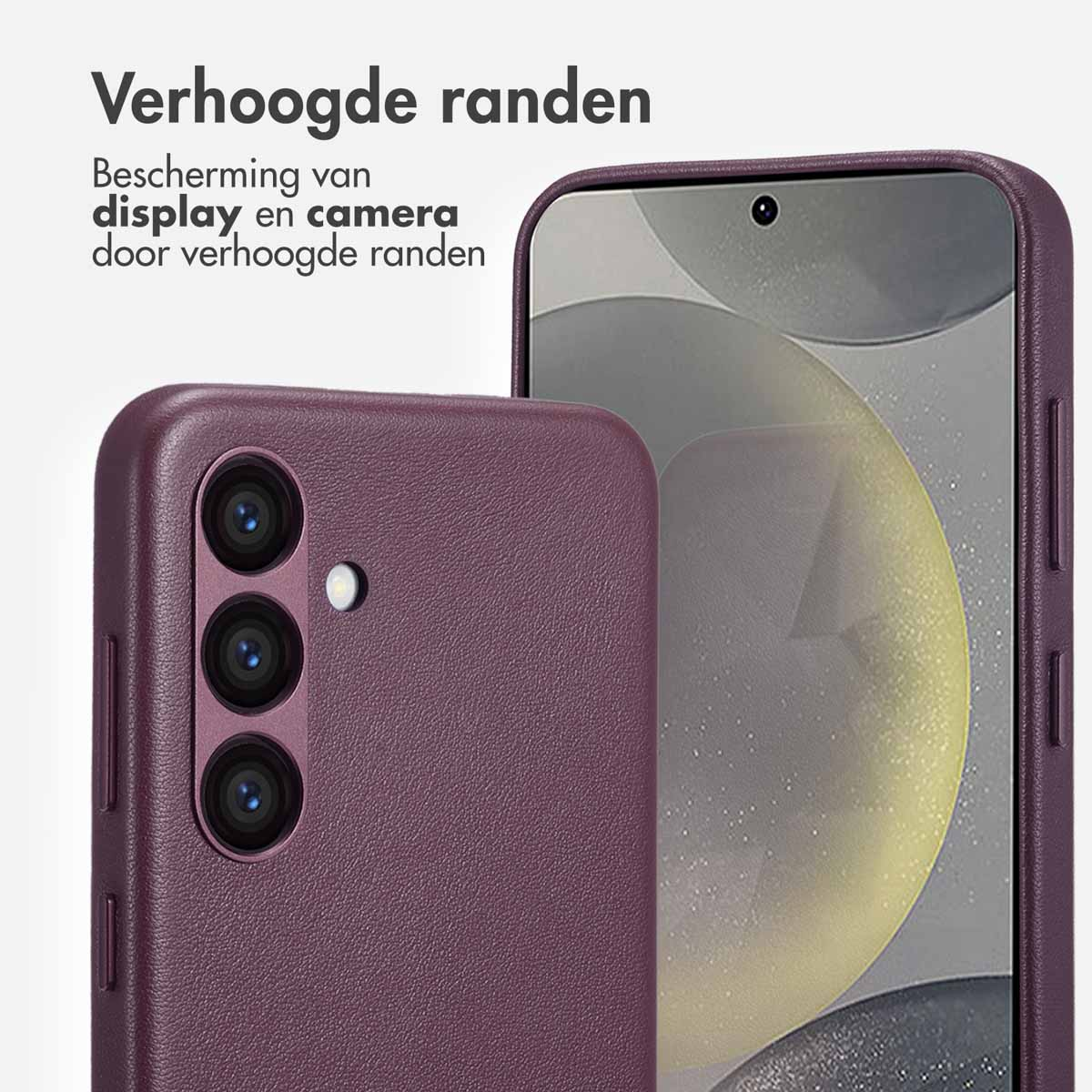 Een paarse telefoonhoes met een telefoon. De telefoon heeft drie camera's en een frontcamera.