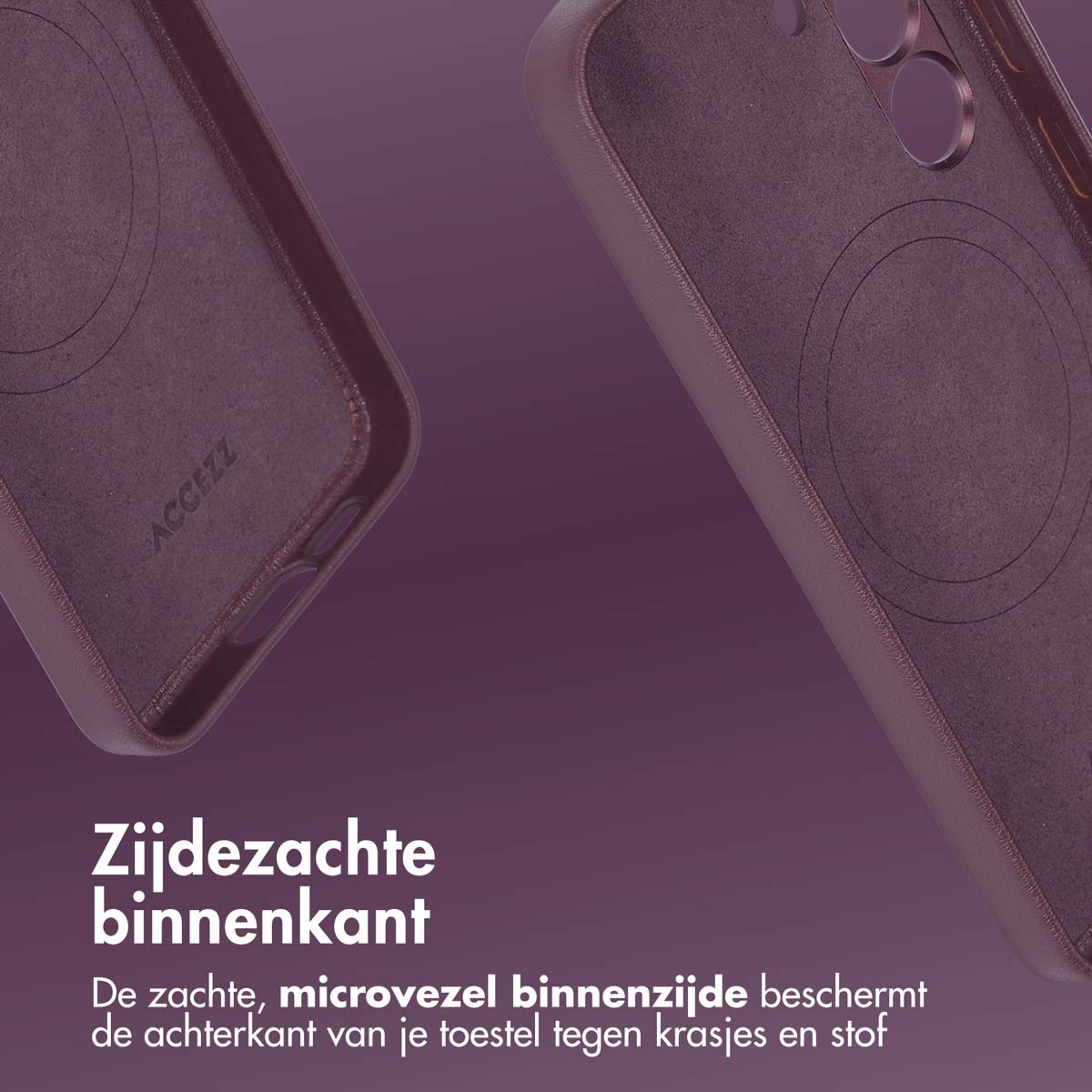 Close-up van een telefoonhoesje. Het is een donker, roodachtig bruine kleur met een zachte textuur.