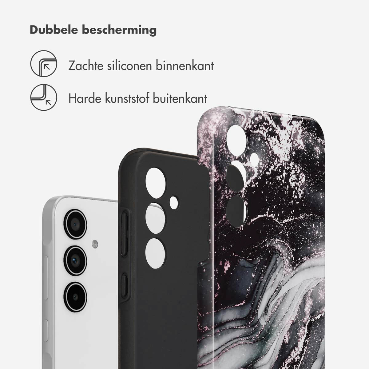 Coque de téléphone multicouche. Elle montre un intérieur en silicone souple et un extérieur en plastique dur.