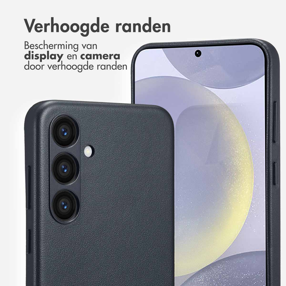 Telefoonhoes, donkerblauw, met gedeeltelijk zichtbare telefoon, verhoogde randen beschermen het scherm.