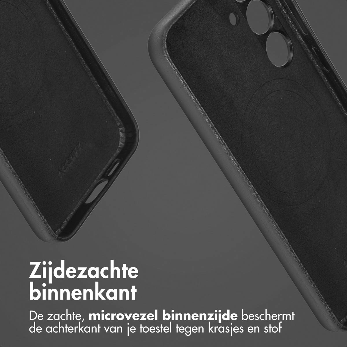 Twee telefoonhoesjes. Zwart binnenkant, donkergrijze buitenkant. Binnenvoering details zichtbaar.