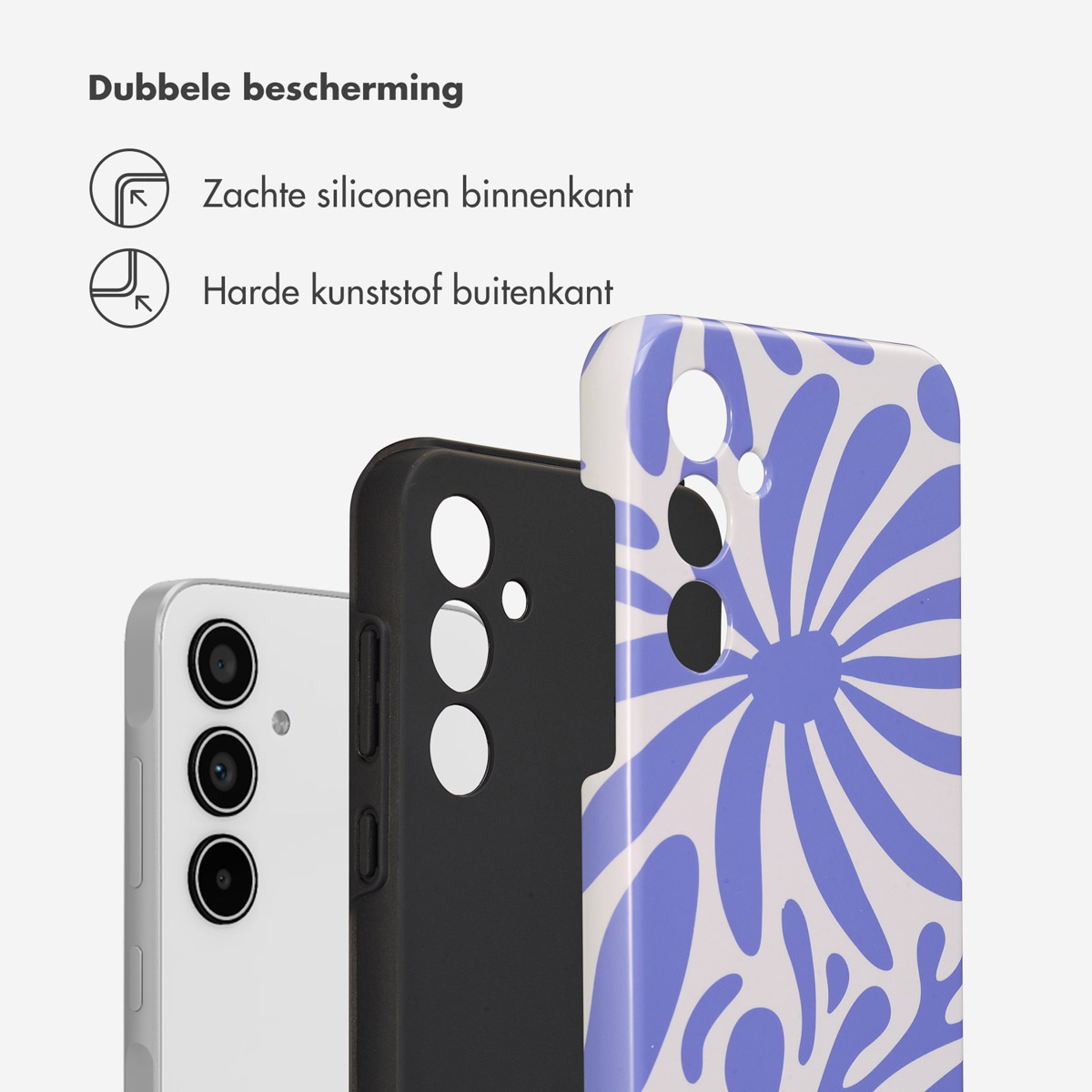 Trois coques de téléphone : blanche, noire et une coque à motifs floraux bleus. Texte : Double protection.