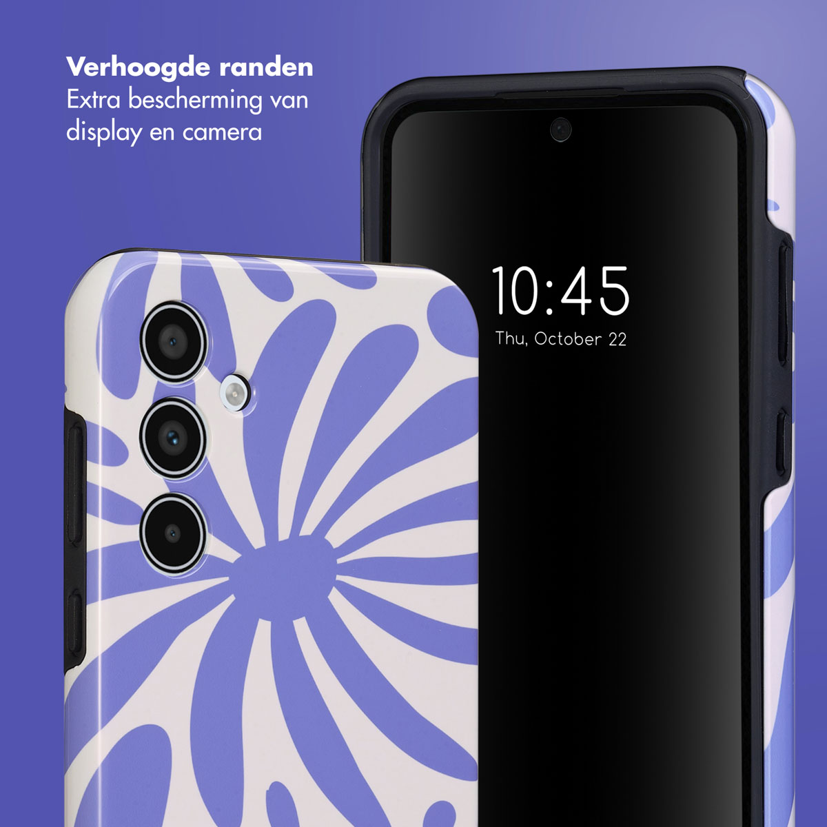 Coque de téléphone à motifs blancs et bleus. Le téléphone affiche l'heure et la date. Texte : Bords surélevés.