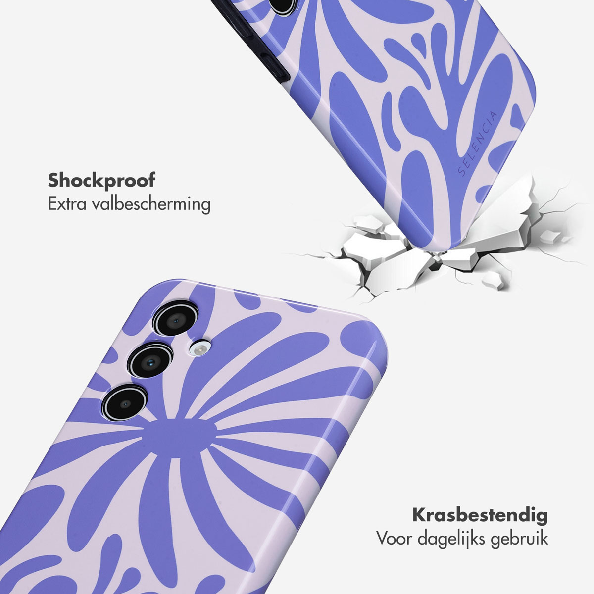 Coque de téléphone à motifs violets et blancs. Une coque tombe et brise une surface.
