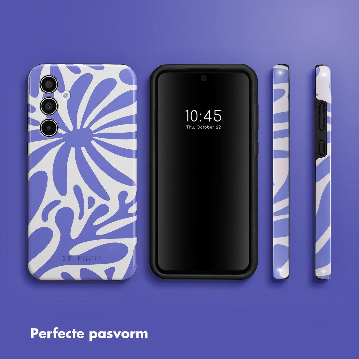 Téléphone avec une coque à motif floral. Le téléphone est sur une surface violette avec trois coques.