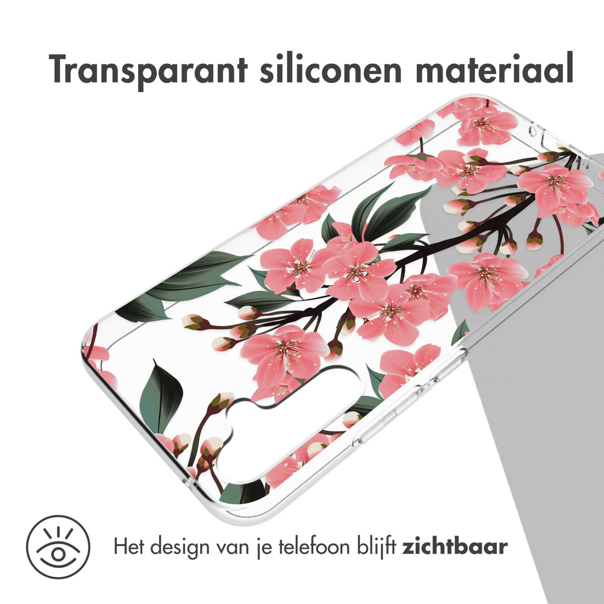 Transparante telefoonhoes met roze bloemendesign. Tekst: Transparant siliconen materiaal, design van je telefoon blijft zichtbaar.