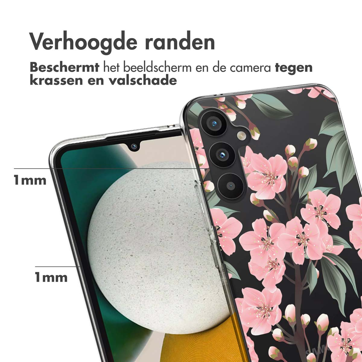 Telefoonhoesje met roze bloemen op zwarte achtergrond. Display is zichtbaar.