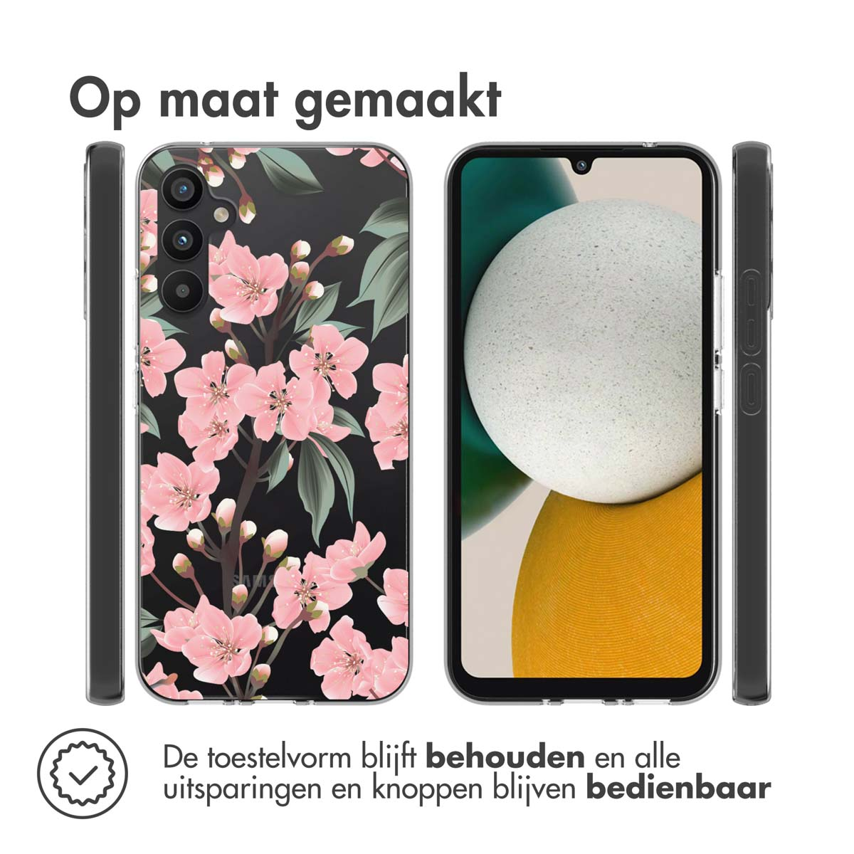 Telefoonhoesje met roze kersenbloesem design, en een telefoon, met een vinkje.
