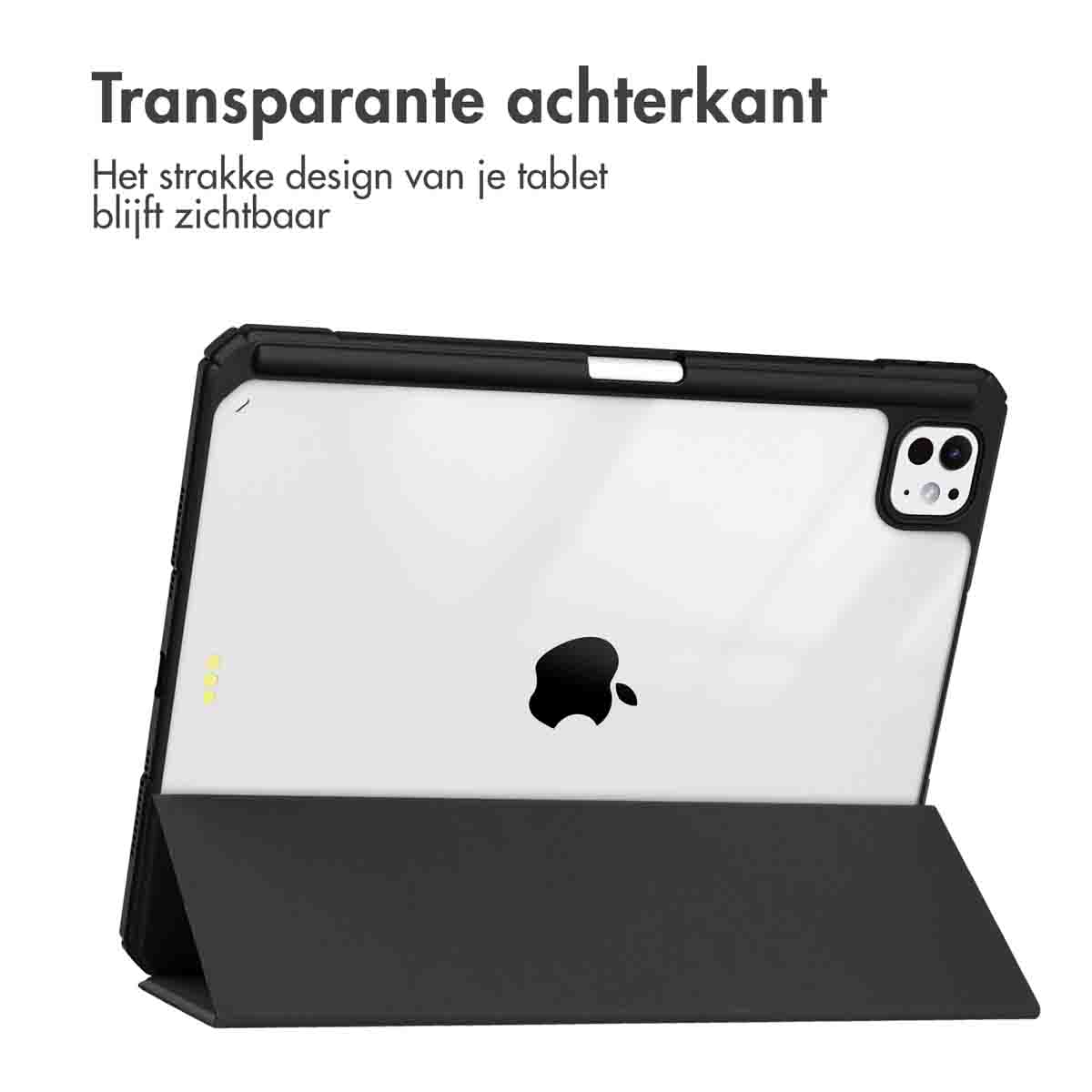 Tablet with a black case, showing the Apple logo. The case is partially open.