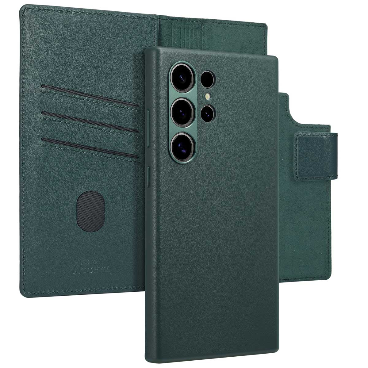 Coque de téléphone verte avec un design portefeuille et un téléphone.