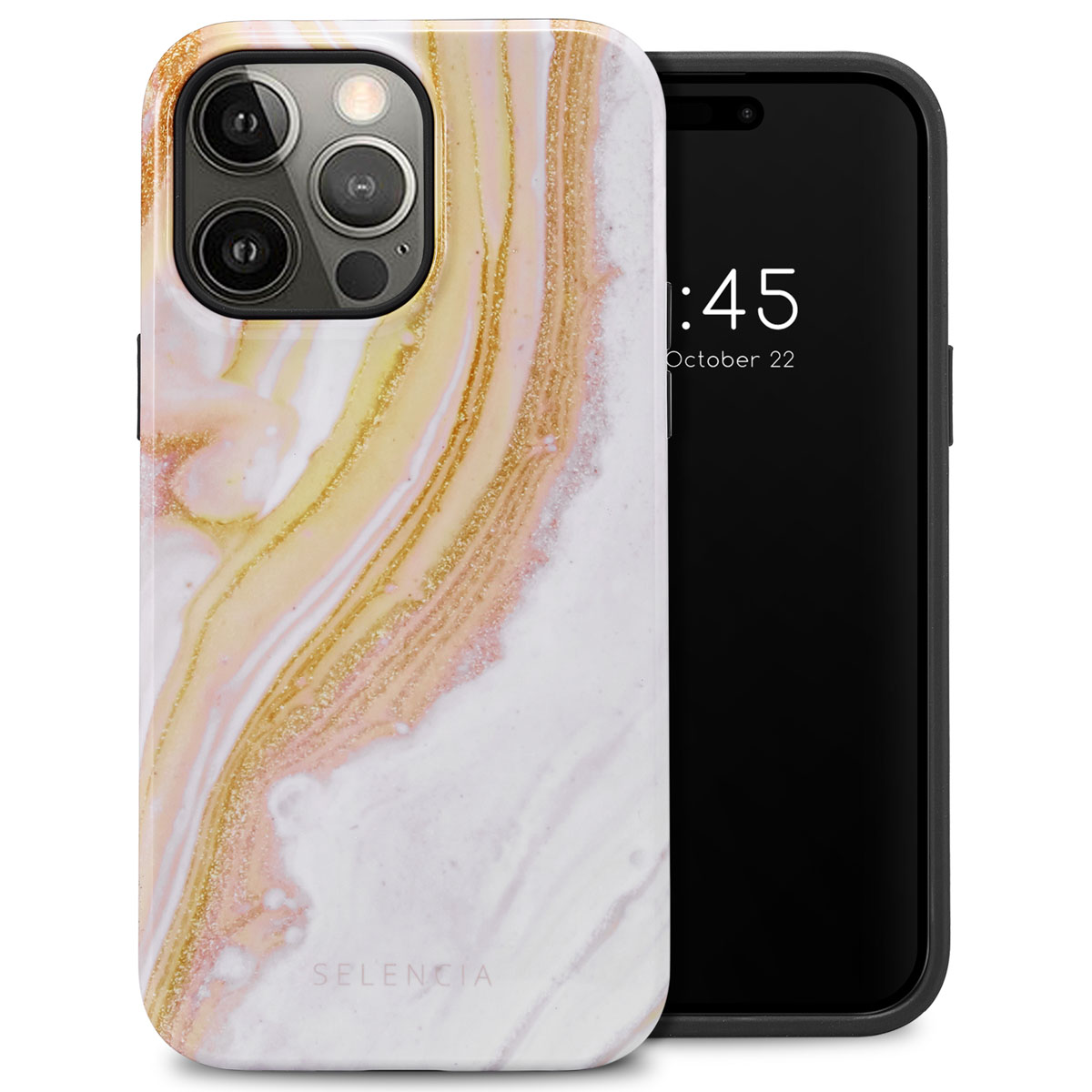 Telefoonhoesje met marmer design. Telefoon deels zichtbaar. Tekst: Selencia. Telefoon toont tijd en datum.