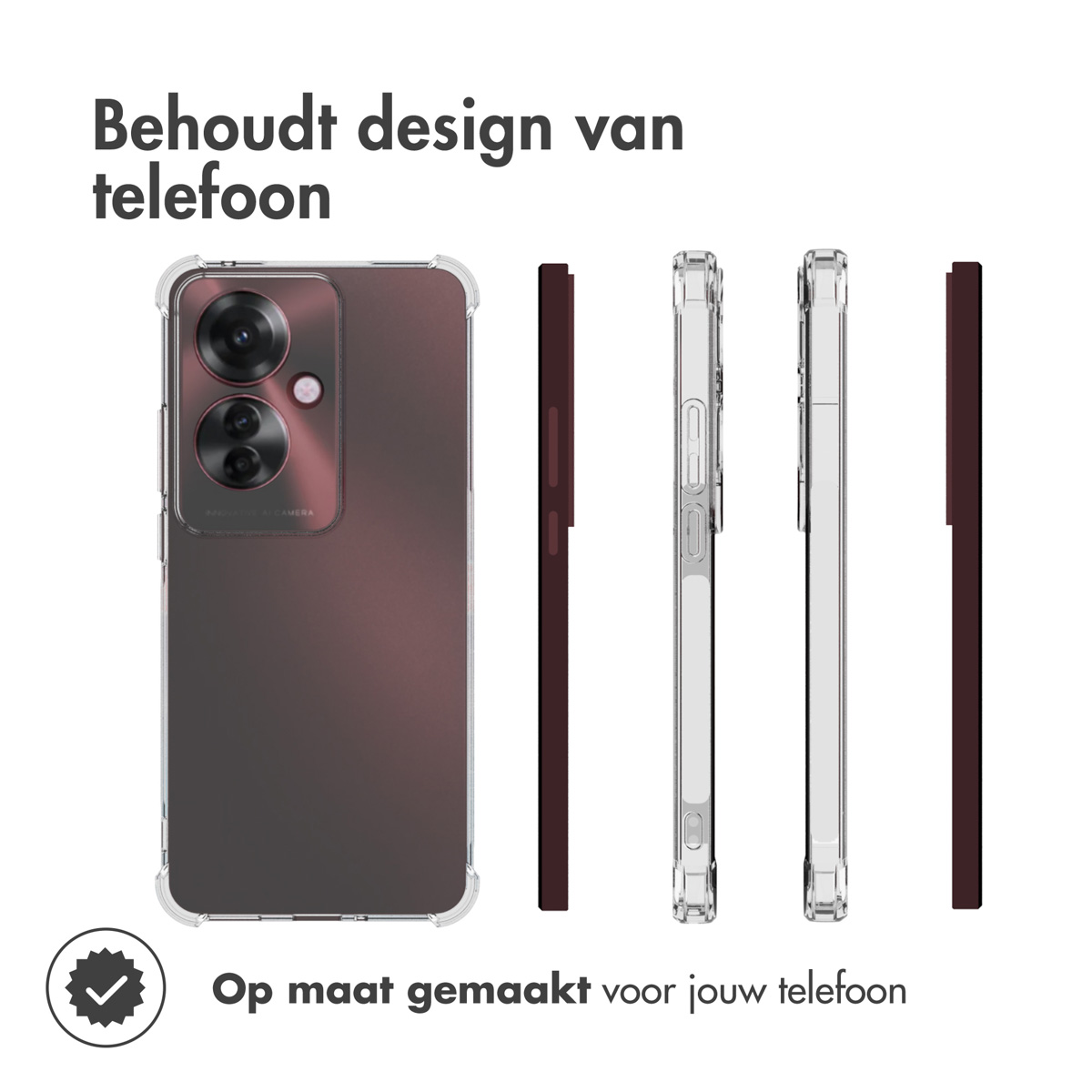 Téléphone avec étui transparent. Texte : « Maintient la conception du téléphone ». L'étui a un dos transparent et des côtés bordeaux.