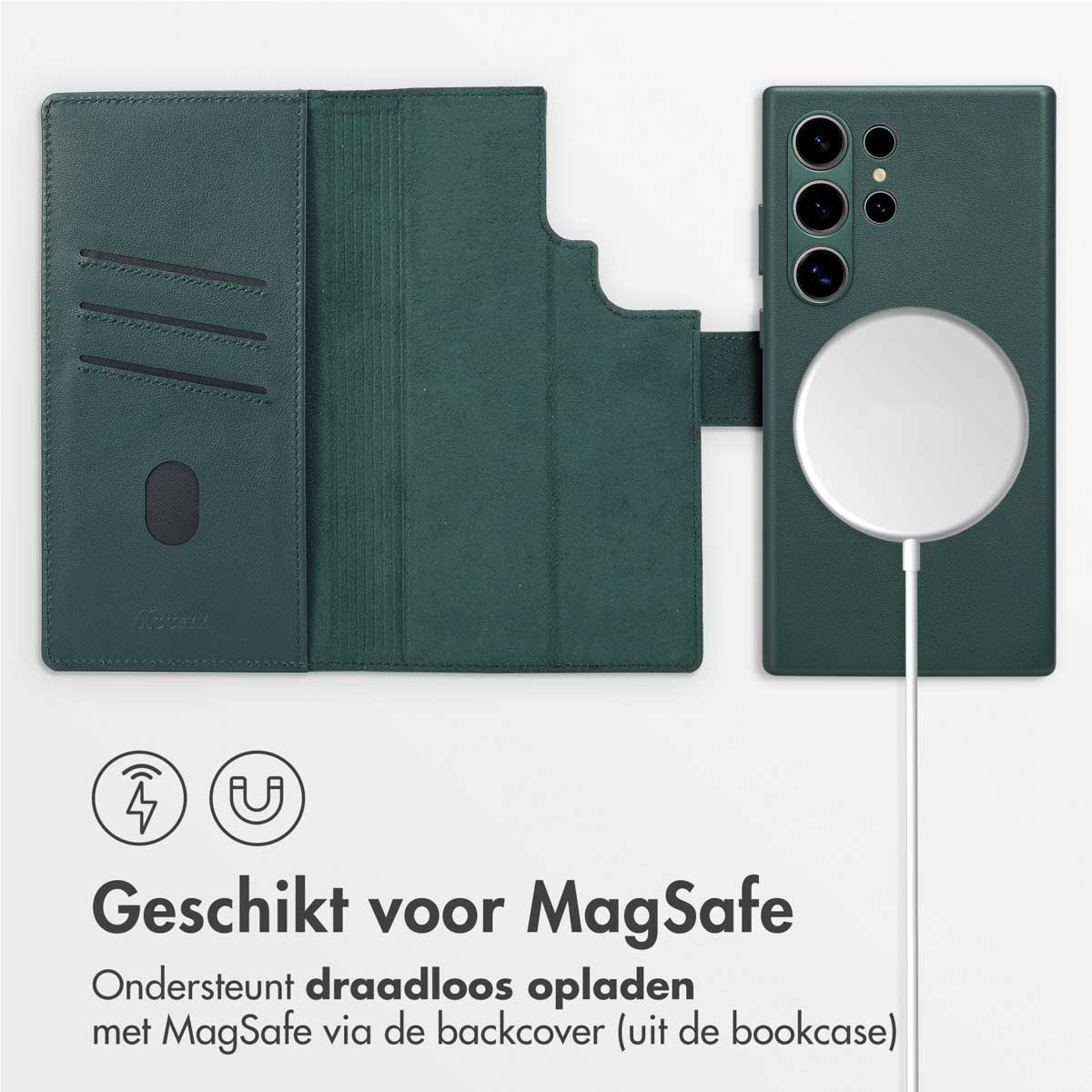 Coque de téléphone verte avec MagSafe. Recharge sans fil prise en charge. Texte : Convient pour MagSafe.