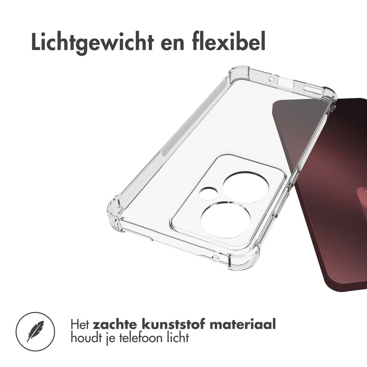 Coque de téléphone transparente avec un téléphone à l'intérieur. Coque transparente, dos du téléphone rouge foncé.