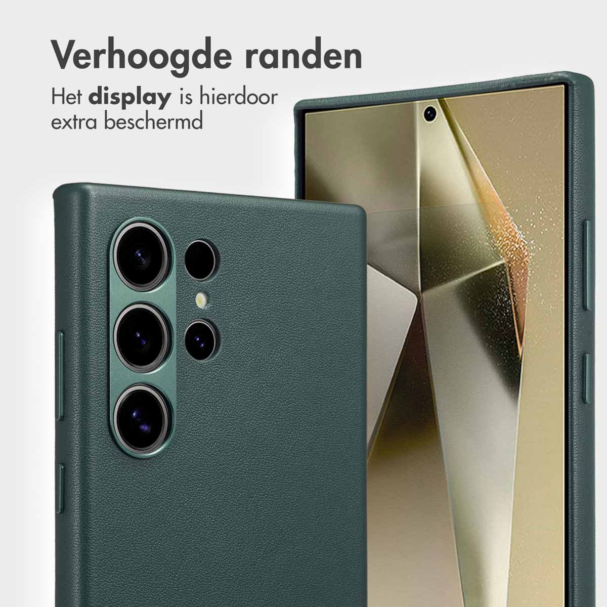 Coque de téléphone verte avec bords surélevés. Le téléphone est à l'intérieur. Bords surélevés protègent l'écran.