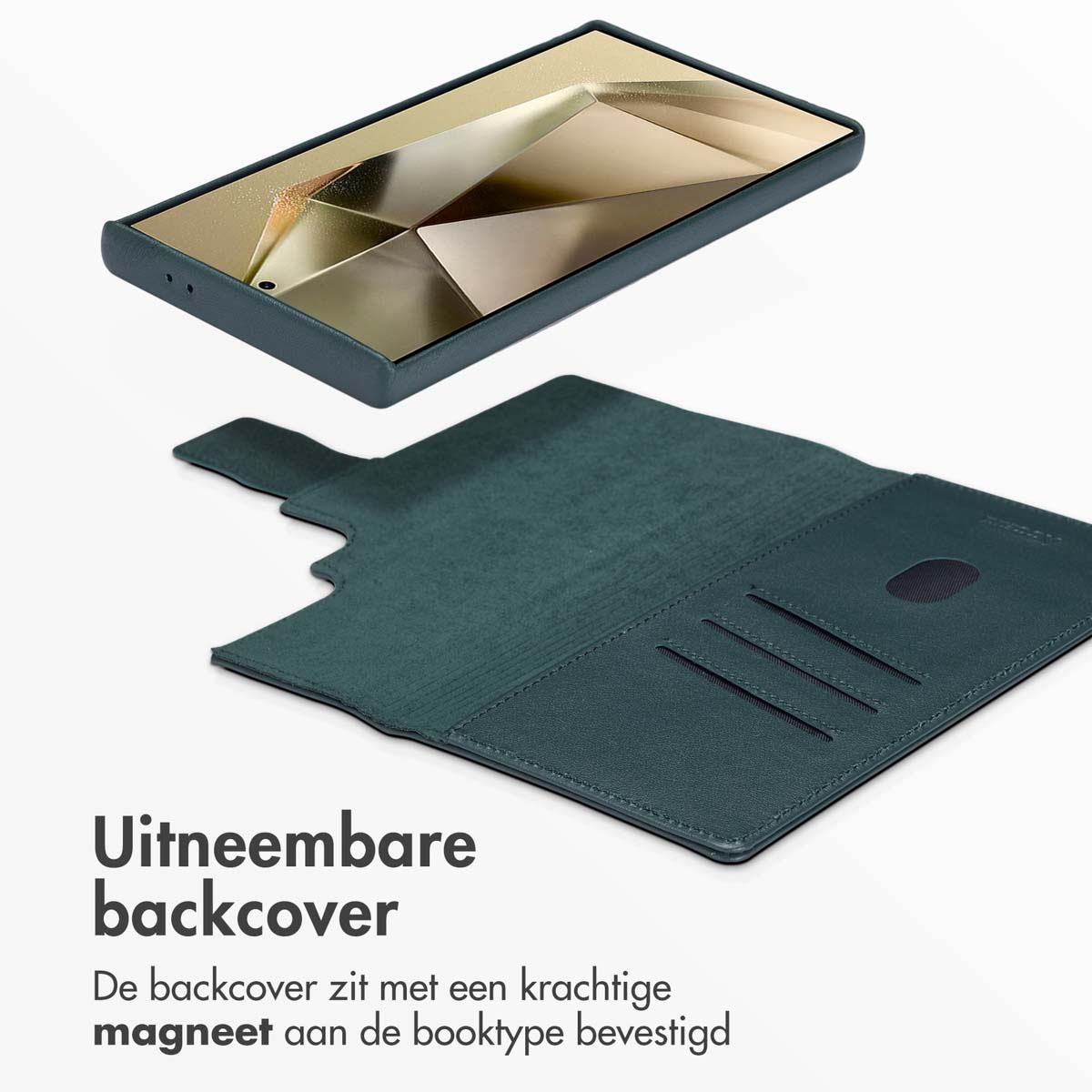 Coque de téléphone verte, ouverte, avec des emplacements pour cartes et un téléphone dessus.