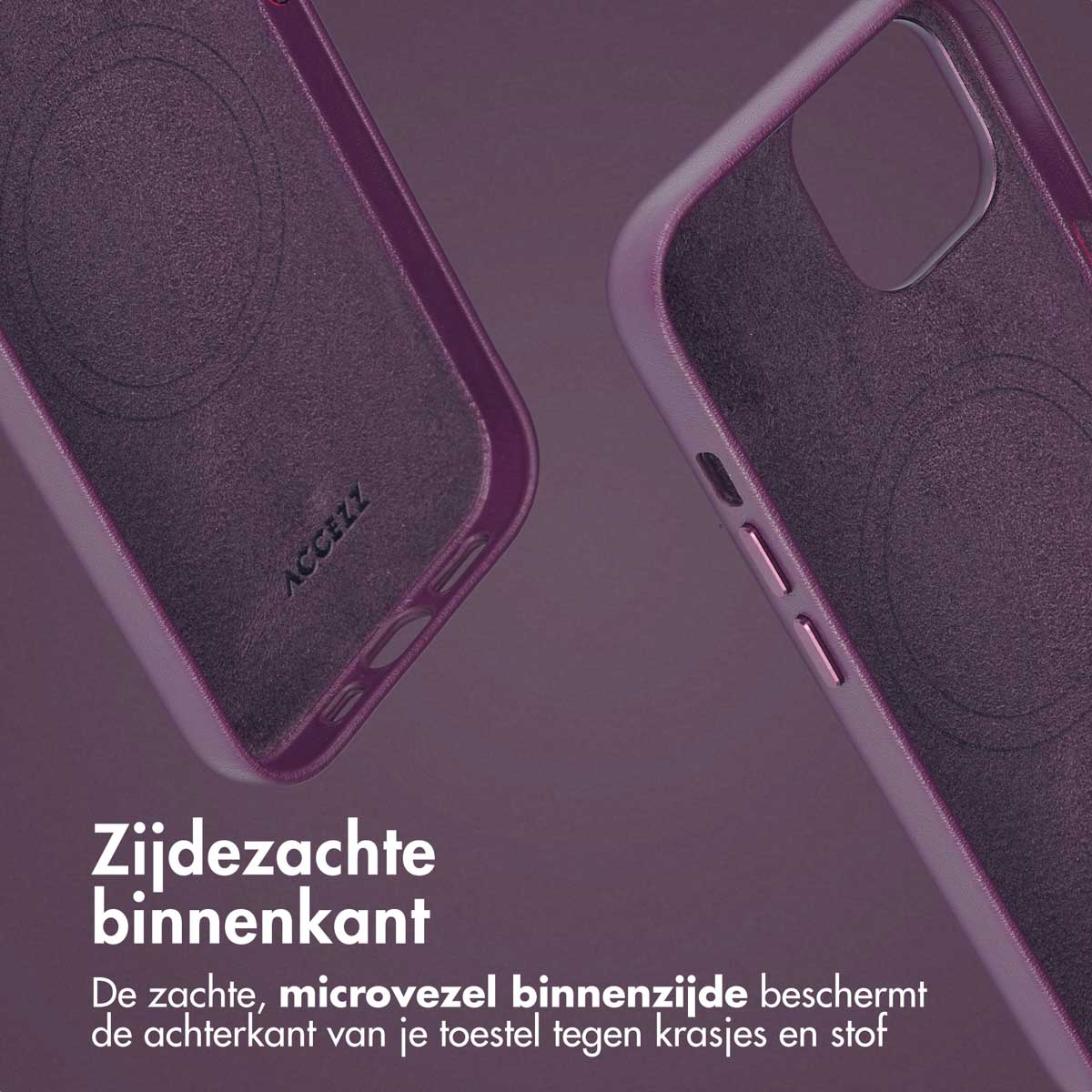 Twee telefoonhoesjes. Donkerpaarse buiten- en binnenkant. Binnenvoering details zichtbaar.