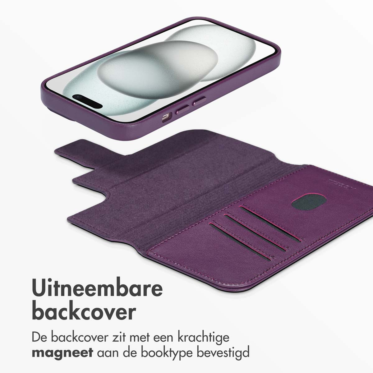 Paars telefoonhoesje met telefoon. Telefoon wordt verwijderd. Tekst: Verwijderbare achterkant. Magnetische bevestiging.