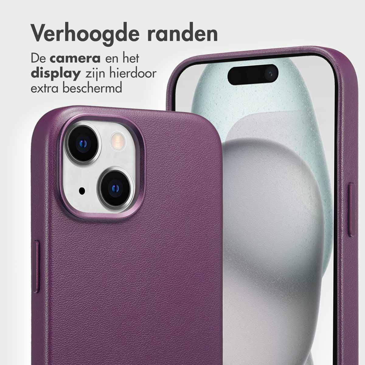 Een paarse telefoonhoes met een telefoon. De telefoon heeft twee camera's en een frontcamera.