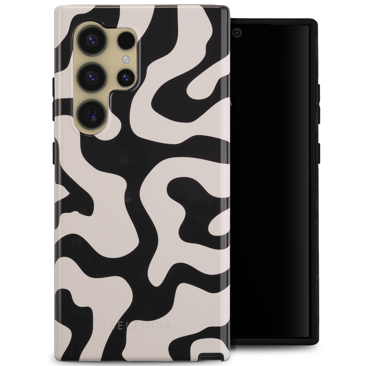 Telefoon in een zwart-wit abstract patroonhoesje. De hoes zit op de telefoon. Witte achtergrond.