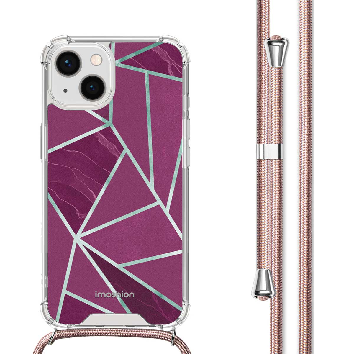 Telefoonhoesje met een geometrisch ontwerp, met een bijpassend koord. Hoesje heeft een paars marmerpatroon.