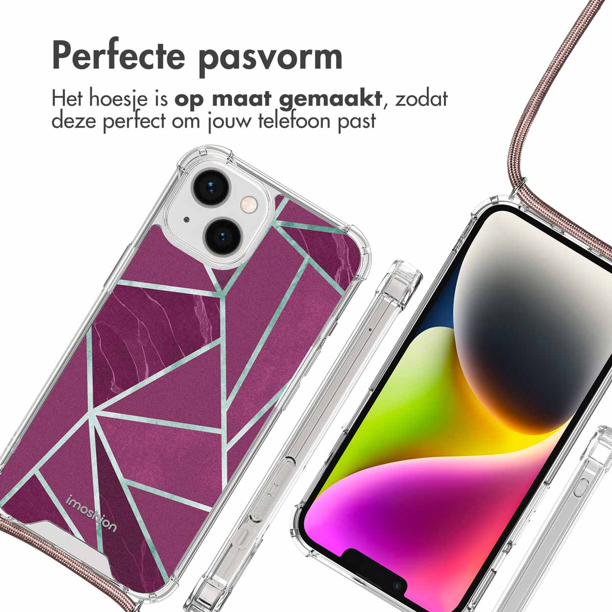 Telefoonhoesje met een paars geometrisch design. Tekst: Perfecte pasvorm. Op maat gemaakt.