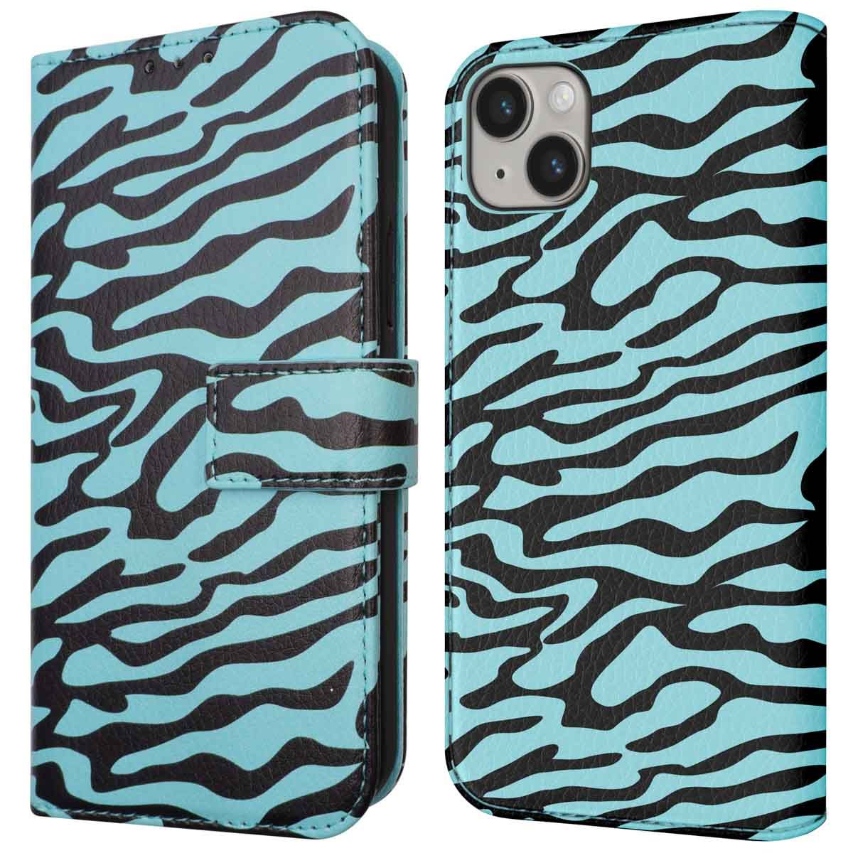 Een telefoonhoesje met een teal en zwarte zebraprint. De telefoon zit erin.
