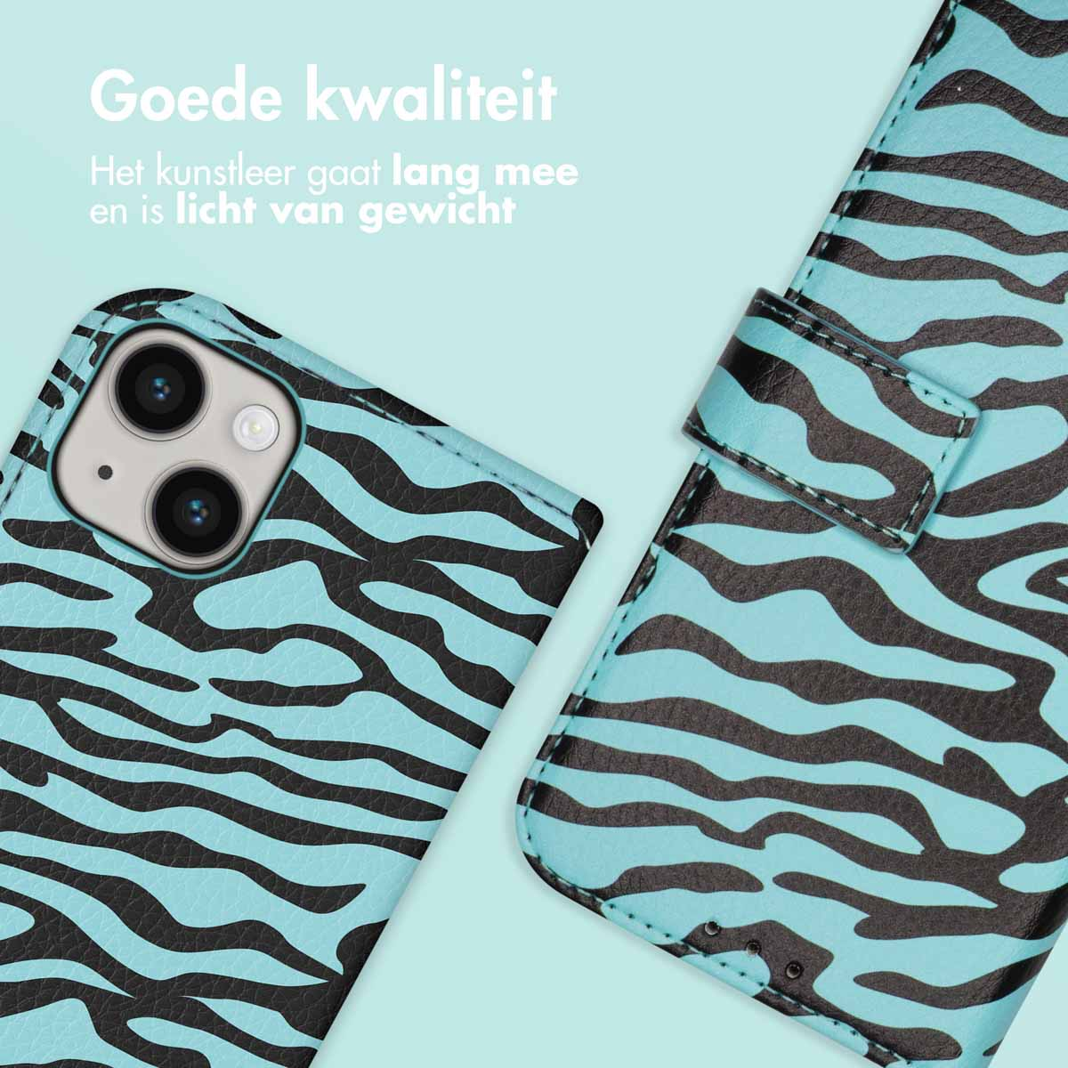 Telefoonhoesje met een blauwe en zwarte zebraprint. De telefoon zit in het hoesje.