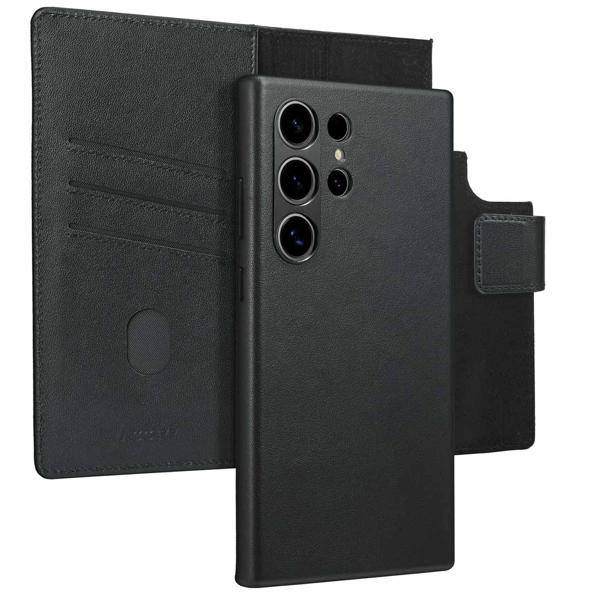 Étui de téléphone noir avec portefeuille. Le téléphone a trois caméras.