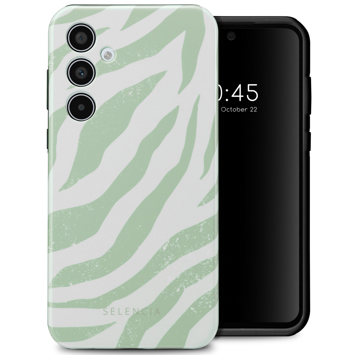 Coque de téléphone blanche à rayures zébrées vertes et téléphone. Le téléphone affiche l'heure.