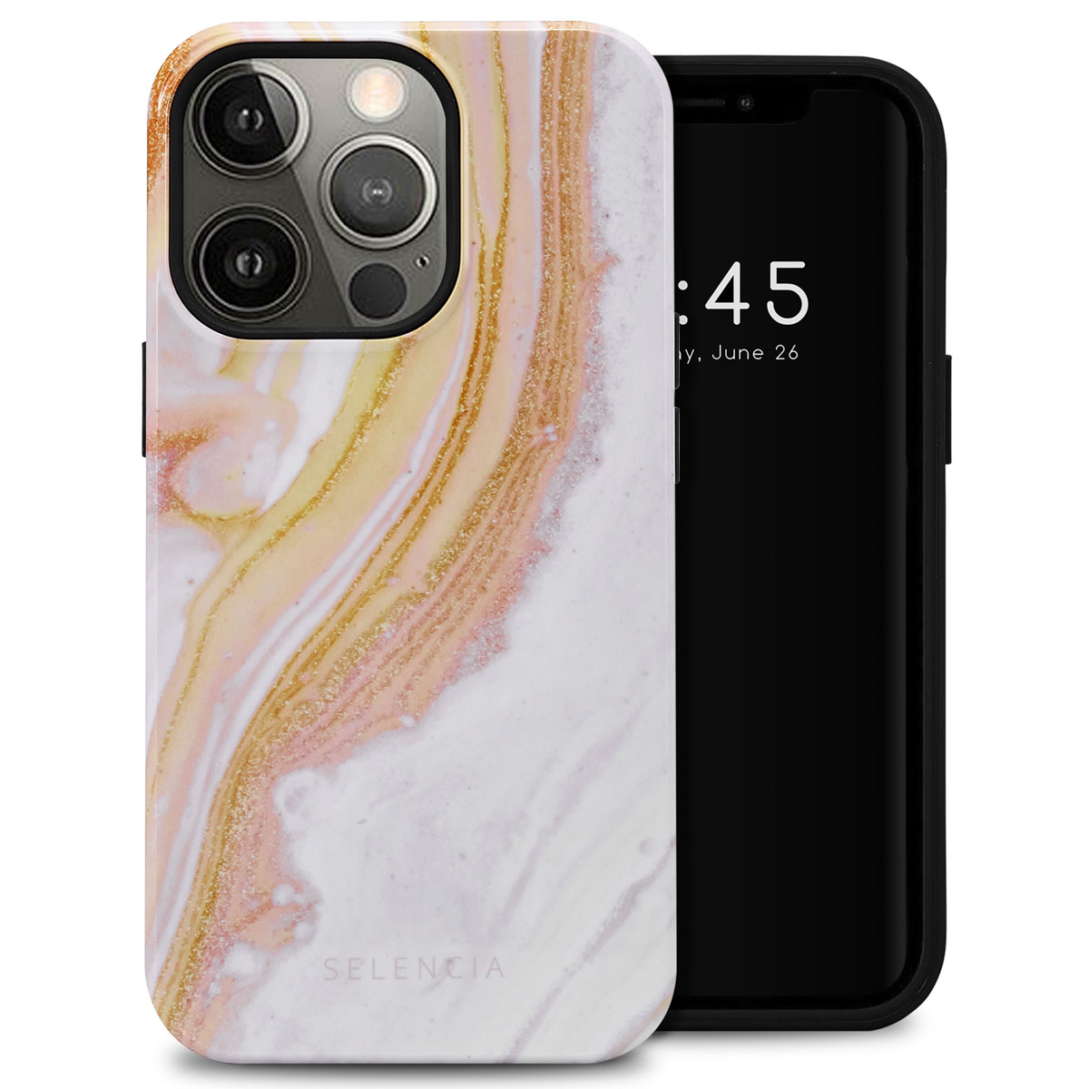 Telefoon met een marmerachtig design hoesje links. Een zwarte telefoon ernaast.