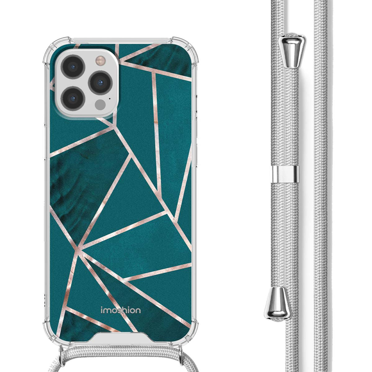 Coque de téléphone avec design géométrique et cordon. La coque est transparente avec des lignes vert d'eau foncé et dorées.