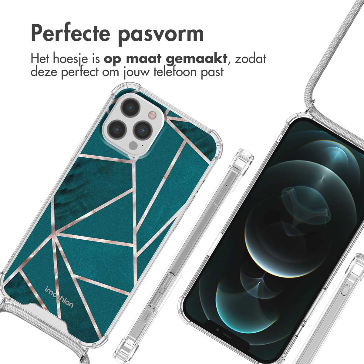 Coque de téléphone teal avec motif géométrique doré, téléphone avec sangle transparente.