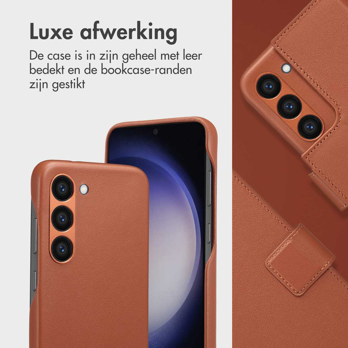 Coque et téléphone marron. La coque a une caméra. Le fond est flou. La coque est en cuir.