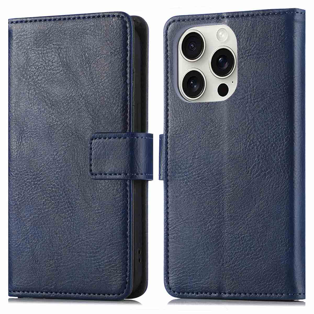 Blauw telefoonhoesje in boekstijl. Telefoon zit erin. Tekst: Gesloten hoes met knoop.