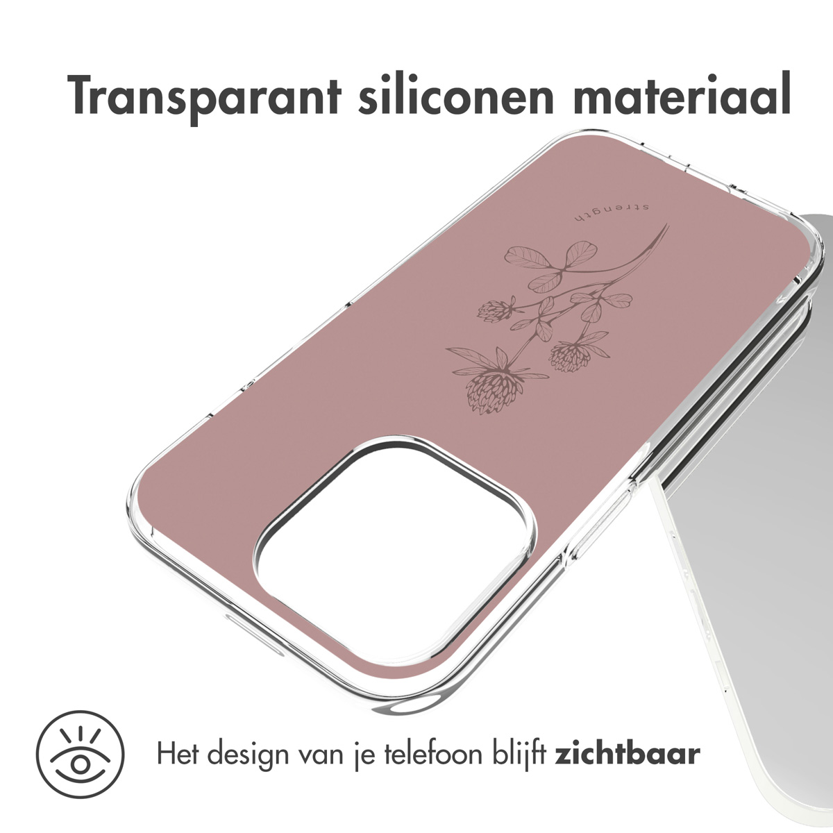 Custodia per telefono trasparente con design rosa, la parola 'strength' è visibile.