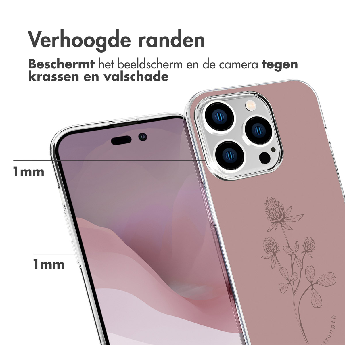 Custodia per telefono con design a trifoglio. Lo schermo e la fotocamera sono protetti. Testo: Verhoogde randen.